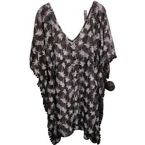 Miken Swim Cover up Black & White Palm Trees Kimono Sheer Size XL